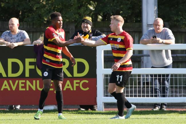 Avenue duo Riccardo Calder and Brad Dockerty celebrate the former's goal against Morpeth Town last Saturday. This is surely one occasion where assistant boss Lee Fowler would not mind his players being pally Picture: John Rhodes