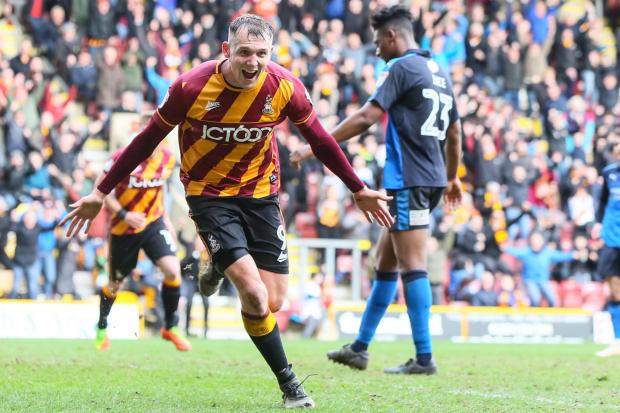 Bradford Telegraph and Argus: Charlie Wyke scoring City's winner against Swindon in March 2017, a season which saw the Bantams go unbeaten at home in the league.