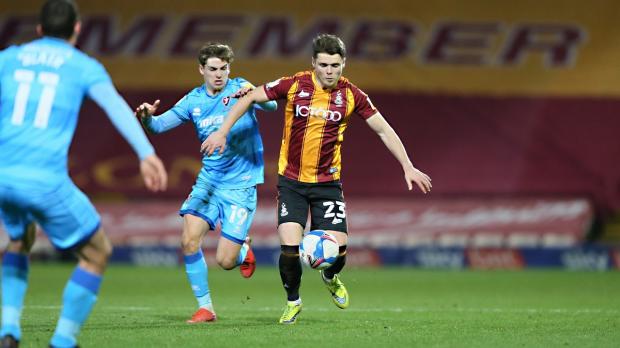 Bradford Telegraph and Argus: Connor Wood in action for City against Cheltenham. Picture: Thomas Gadd.