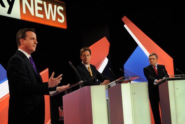 David Cameron (left), Nick Clegg (centre) and Gordon Brown at Thursday night's televised debate