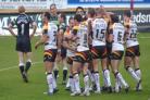 Bulls players celebrate Elliott Whitehead’s try which gave them an early two-try cushion to go on and beat Hull KR