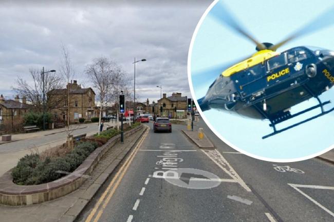 The police helicopter (inset) took over the pursuit on Bingley Road