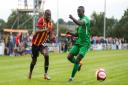Nortei Nortey, left, goes on a run for Bradford City against Brighouse Town. City are likely to run the rule over more trialists at Eccleshill tonight Picture: Thomas Gadd