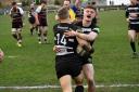 Otley v Caldy: Owen Dudman scores and is congratulated by Max JohnsonPicture: Richard Leach