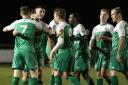 Frank Mulhern (number 15) is mobbed by his team-mates after scoring a crucial goal for Avenue in their run to the 2017/18 Vanarama National League North play-offs Picture: John Rhodes