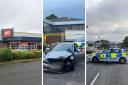 Left to right, Buzz Bingo in Tong, a smashed up car left outside the bingo hall's entrance on Sunday evening, and the police cordon on Landscove Avenue, Holme Wood. Pictures: T&A