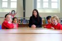 Beckfoot Allerton Primary School and Nursery headteacher, Michelle Blanchard MBE, with pupils