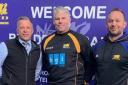 Glenn Morrison, centre, is welcomed to Shay Lane by rugby chairman Chris Robinson, left, and head coach Neil Spence back in 2019
