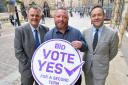 Left to right, Bradford BID Chairman Ian Ward, BID Manager Jonny Noble and Deputy Chairman James Paynter announcing the opening of the BID's Second Term ballot