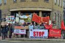 A climate change protest at West Yorkshire Pension Fund’s offices in Aldermanbury House, Bradford, last Autumn