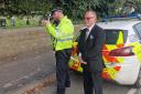 Town mayor Councillor John Kirby with police as they carry out speed checks