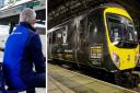 Northern train driver Mark Haigh, left, and on the right a Train Pennine Express train with a new livery encouraging men to talk.