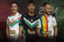 The Cougars players don the 2024 home, away and Pride shirts, from left to right.