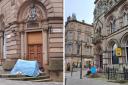 Tents outside the former Santander bank (left) and the former NatWest (right) in Bradford