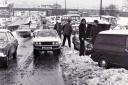 Stranded traffic up Wakefield Road in 1978