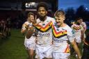 Jayden Myers was all smiles alongside Dan Okoro after the win at Dewsbury 10 days ago, when he had to move out on to the wing after Ben Blackmore suffered a first-half injury.