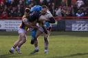 Ben Stead and Charlie Graham put in a crunching tackle on Bulls centre Jayden Myers, in a performance which saw Keighley give it their all in attack and defence.