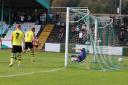Adam Boyes' header loops over Harrogate Town keeper James Belshaw to give Avenue the lead Picture: John Rhodes
