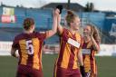 Hannah Campbell (left) celebrates with City’s other scorer, Laura Elford (centre), and Ellie White (right), who provided two assists against West Brom.  Picture: Paul2Paul Photography