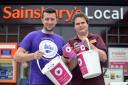 Christian Mellow from Sainsbury's with Dav Calogero from the Crocus Appeal outside the Great Horton Store