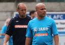 Marcus Bignot (right), pictured with fellow Guiseley joint-manager Russ O'Neill (left) is set for a competitive return with his Guiseley side today. Picture: Alex Daniel Photography