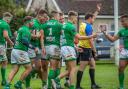 Wharfedale playes celebrate Ben Blackwell's try against Preston Grasshoppers. Picture: Ro Burridge