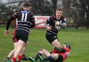 Fly-half and head coach Jake Duxbury (ball in hand) saw his Baildon side well beaten by Harrogate Pythons on Saturday. Picture: Richard Leach.