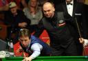 Ken Doherty (left) in action at the Crucible against Stuart Bingham. Picture: PA.