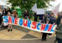 Parents and children outside Queensway Primary School, in Coppice Avenue Wood Avenue, Yeadon protesting against its closure