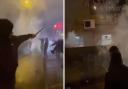 Screenshots from a video showing a group of youths firing fireworks towards the Second West pub