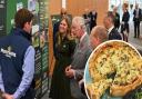 King Charles, centre, during his visit to Morrisons' headquarters last year,; inset, the Coronation quiche produced by the supermarket chain