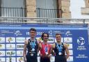 Jimmy Lund (right) on the podium in Ibiza with Chris Perham and race winner Cristian Fernandez Nieto.
