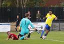 Albion Sports (yellow) facing Goole 'at home' last September, in their final season as Farsley Celtic's tenants.
