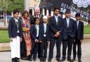 The Lord Mayor of Bradford and Councillor Sabiya Khan with students from Eden Boys School at the flag raising ceremony