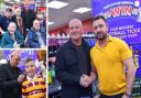 Bradford shopkeeper Rash Khan (far right) won a Cadbury competition which meant Bradford City legend Dean Windass visited his store
