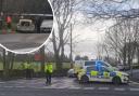 The police scene on Monday after a burnt out car and body was found on Long Lane, between Heaton and Shipley, in Bradford