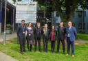 Head boy Rohan Chand, head girl Lucy Rhodes, Sam Ryan, Astrid Gamesby, Safa Azeem, Cole Burgess and headteacher Steve Mulligan celebrate Immanuel College receiving a Good rating by Ofsted