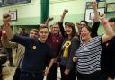 Elizabeth Leffman, Liberal Democrat candidate, celebrates with supporters at the Witney by-election count