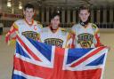 Bradford Bulldogs' ice hockey Great Britain under-16 squad members. From left: Defender Jordan Griffin, netminder Harrison Walker and forward Jacob Lutwyche