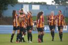 The women’s first team at home against Lincoln, celebrating after a goal. Picture: Alex Daniel Photography.