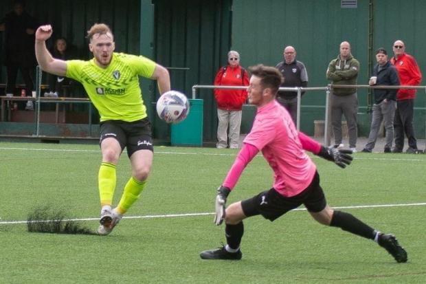 Andy Briggs had an eventful afternoon at St Helens Town, scoring the opener for Steeton before the break, but also having three goals disallowed. Picture: John Chapman.