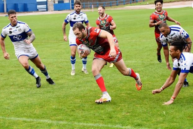 Keighley Cougars star Charlie Graham broke a 28-year record by crossing the line in his side's 56-12 win at Cornwall. Picture: Ben Challis.