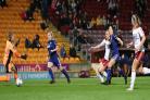 Sophie Hawkins (third right) cracks home the winner for City against Leeds last night at Valley Parade. Picture: Alex Daniel.