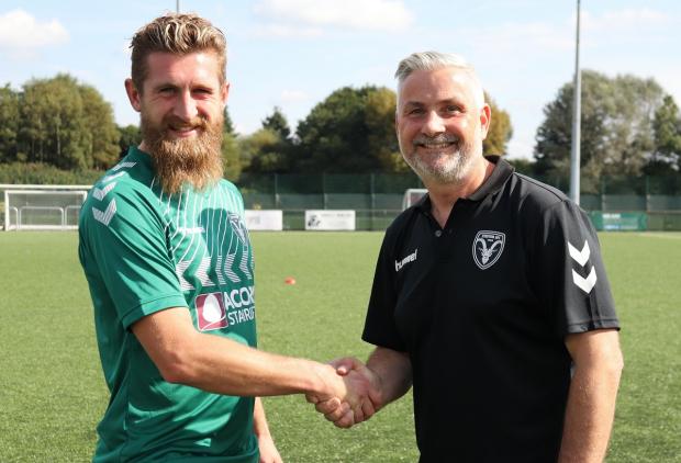 Bradford Telegraph and Argus: Steeton manager Roy Mason, pictured here with midfielder Tom Robinson, says he is enjoying his side’s entertaining style of play this season. Picture: Chris Jones