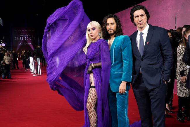 Lady Gaga, Jared Leto and Adam Driver (left to right) attending the House of Gucci UK Premiere, held at the Odeon Leicester Square, London. Photo taken by Ian West/PA.