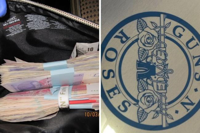 Images released by West Yorkshire Trading Standards showing cash discovered and a Guns n Roses heat transfer