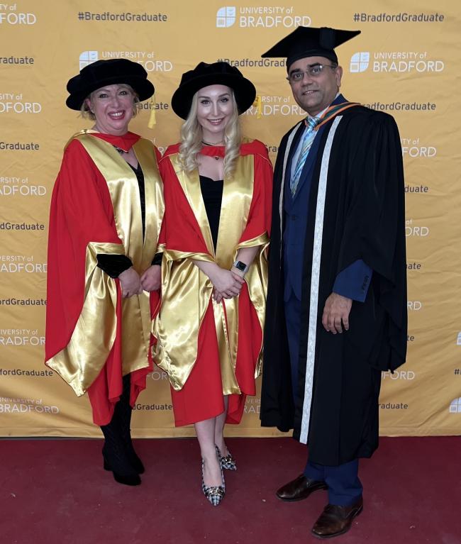 From left, Professor Julie Thornton, Director of Centre for Skin Sciences, University of Bradford, Dr Lucy Trevor PhD and Professor Ajay L Mahajan, Consultant Plastic Surgeon & Director of Plastic Surgery and Burns Research Unit at the graduation