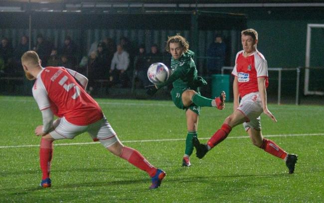 Hotshot striker Kayle Price (centre) is likely to be key if Steeton want to shock Brighouse Town in the West Riding County Cup. Picture: John Chapman.