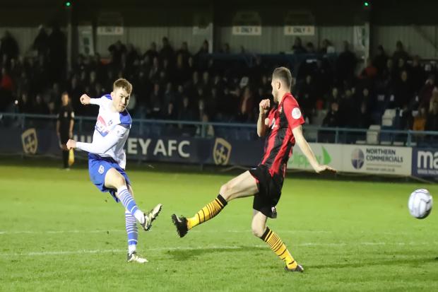 Action from Guiseley and Bradford (Park Avenue)'s game at Nethermoor in December. Picture: Alex Daniel.