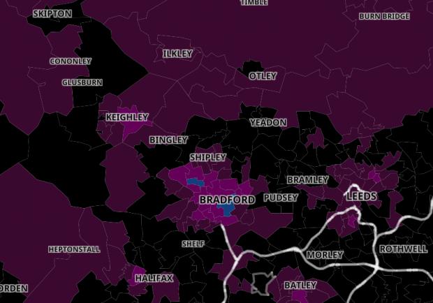Bradford Telegraph and Argus: The darkest shade of purple shows the areas with the worst Covid rates. Pic: UK Gov